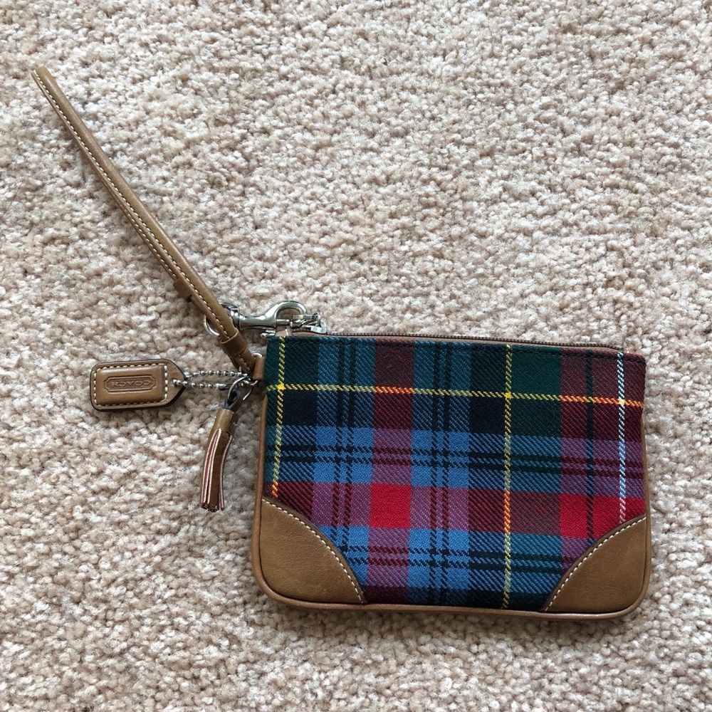 Vintage tartan wool and leather Coach wristlet.